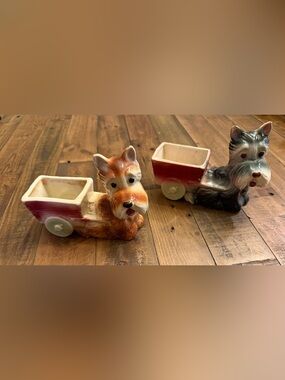 Vintage 1950’s Ceramic Scottie Dog Planters with Pull Wagon - Gray and Pink